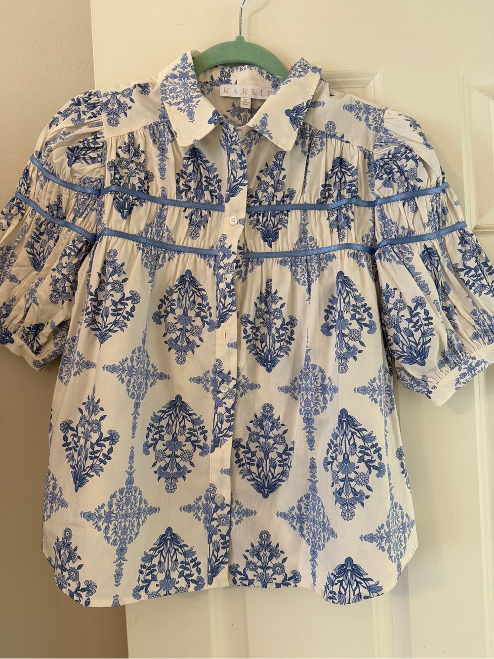 Karlie White Button-Down Top with Blue Floral Print